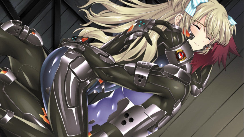 1girl blonde_hair blue_eyes blue_ribbon blush bodysuit bow carnelian comforting cowgirl_position crying emblem hair_bow highres hug liz_hohenstein long_hair muvluv muvluv_alternative official_art pilot_suit red_hair ribbon schwarzesmarken shiny shiny_clothes skin_tight straddling tears theodor_edelbach