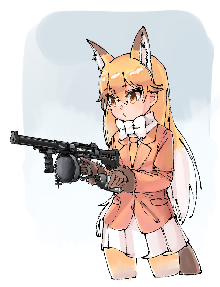 airsoft animal_ears bow bowtie coat cowboy_shot extra_ears eyebrows_visible_through_hair ezo_red_fox_(kemono_friends) fox_ears fox_tail fur_trim gloves gun highres kemono_friends long_hair long_sleeves necktie omnisucker orange_hair pantyhose pleated_skirt skirt solo tail weapon