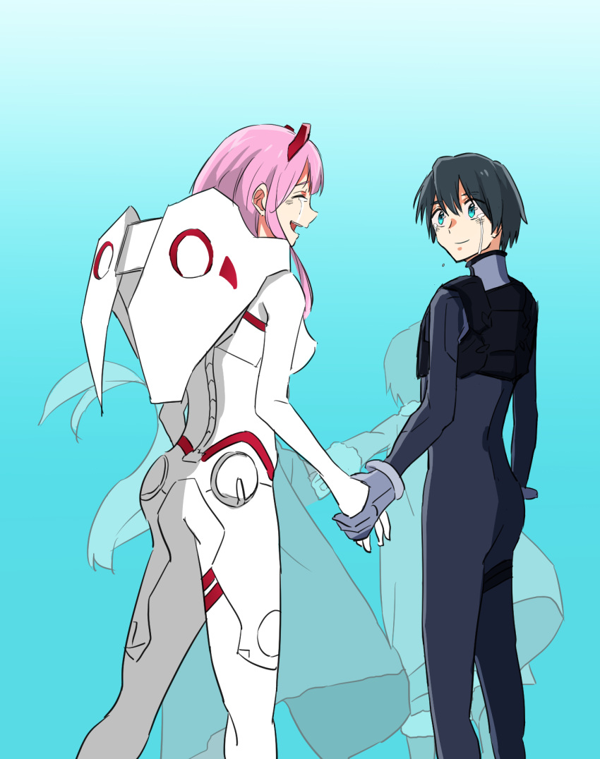 1girl arisato_ryuu asymmetrical_horns black_bodysuit black_hair blue_eyes bodysuit breasts closed_eyes commentary_request couple crying darling_in_the_franxx gloves grey_gloves highres hiro_(darling_in_the_franxx) holding horns large_breasts long_hair looking_at_another oni_horns pink_hair red_bodysuit red_horns spoilers white_bodysuit white_gloves zero_two_(darling_in_the_franxx)
