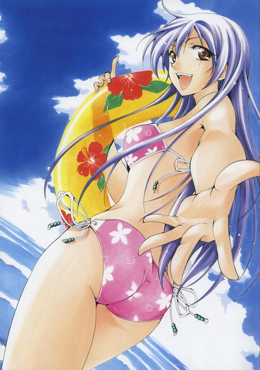 :d absurdres ass bangs bikini blue_sky brown_eyes cloud day dutch_angle eba_yuzuki floral_print from_behind hair_between_eyes highres holding innertube kimi_no_iru_machi long_hair looking_at_viewer looking_back ocean open_mouth outdoors outstretched_arms pink_bikini scan seo_kouji side-tie_bikini silver_hair sky smile solo standing swimsuit very_long_hair