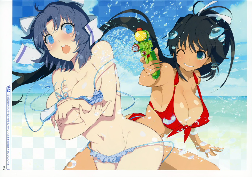 bangs bare_shoulders bikini black_hair blue_eyes blue_hair blush bow breasts cleavage cloud cloudy_sky covering covering_breasts day fingernails green_eyes hair_bow highres holding homura_(senran_kagura) huge_filesize large_breasts long_hair navel non-web_source ocean official_art open_mouth outdoors page_number ponytail scan senran_kagura senran_kagura_peach_beach_splash shiny shiny_skin sky smile swimsuit tan tanline wardrobe_malfunction water water_drop wet yaegashi_nan yumi_(senran_kagura)