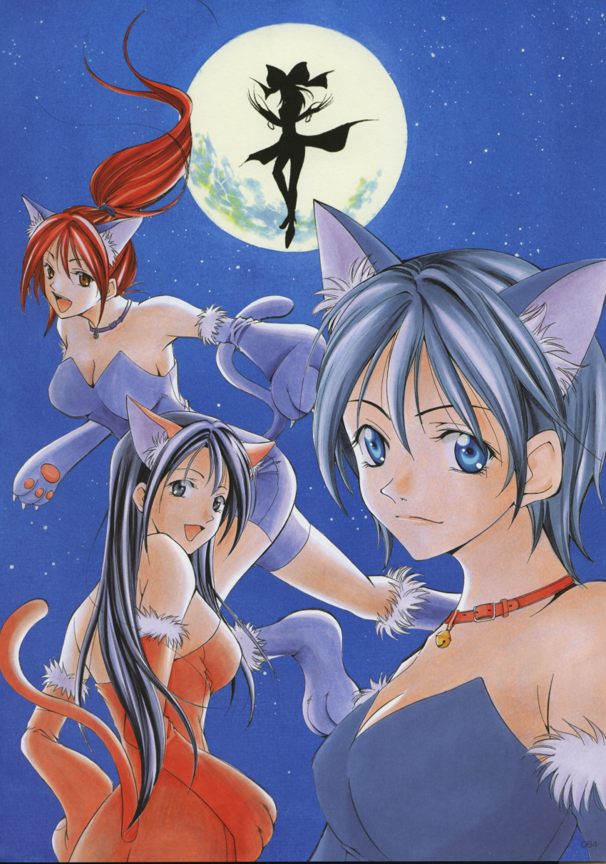 :d absurdres animal_costume animal_ears asahina_suzuka bangs bell bell_collar black_hair blue_eyes blue_footwear blue_gloves blue_hair blue_shorts blue_sky breasts brown_hair cat_costume cat_ears cat_tail cleavage collar collarbone detached_sleeves elbow_gloves floating_hair full_moon fur_trim gloves hair_between_eyes hashiba_miki highres large_breasts long_hair looking_at_viewer looking_back medium_breasts moon multiple_girls night open_mouth orange_gloves outdoors paw_gloves paw_shoes paws ponytail red_hair sakurai_honoka scan seo_kouji shoes short_hair short_shorts shorts sideboob sky smile star_(sky) starry_sky strapless suzuka tail