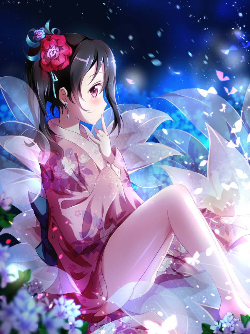1girl barefoot black_hair blue_flower blue_ribbon bug butterfly earrings finger_to_mouth floral_print flower hair_flower hair_ornament hair_ribbon highres insect japanese_clothes jewelry kimono long_hair long_sleeves looking_at_viewer love_live! love_live!_school_idol_project night outdoors pink_eyes pink_kimono print_kimono purple_flower red_flower ribbon short_kimono sitting solo twintails xiao_ren yazawa_nico