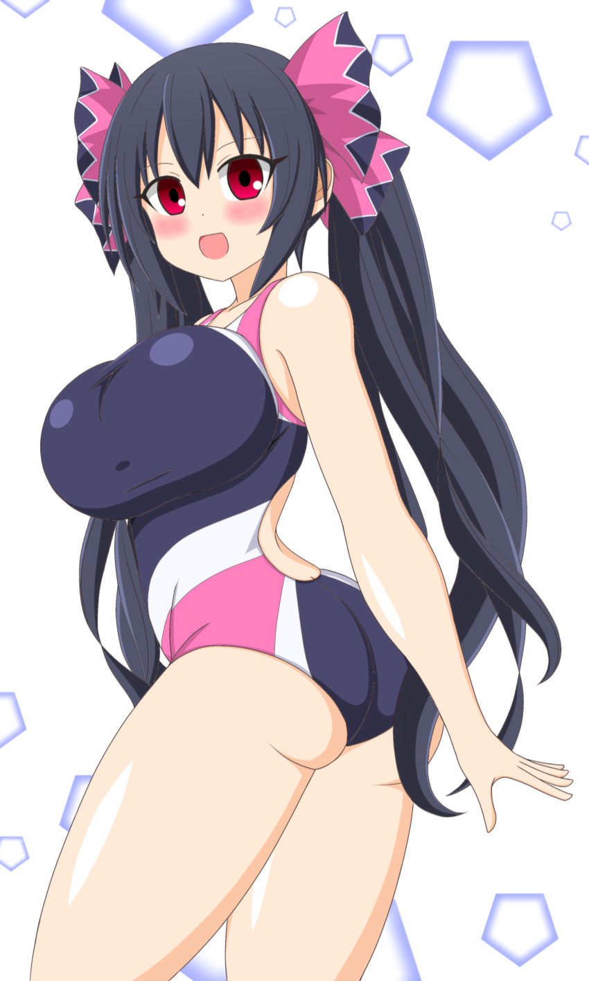 1girl alternate_costume ass bare_shoulders black_hair blush breasts choujigen_game_neptune compile_heart hair_bow idea_factory large_breasts long_hair looking_at_viewer neptune_(series) noire one-piece_swimsuit open_mouth red_eyes shiny shiny_clothes shiny_skin smile solo swimsuit twintails very_long_hair ym11