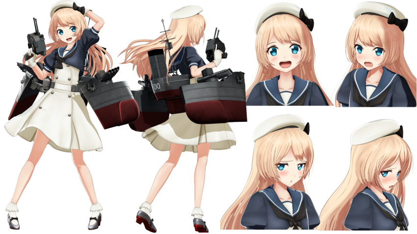 blonde_hair blue_eyes blue_sailor_collar blush character_sheet commentary_request dress gloves hat highres jervis_(kantai_collection) kantai_collection long_hair looking_at_viewer machinery mikumikudance multiple_views open_mouth ponpu-chou sailor_collar sailor_dress sailor_hat short_sleeves smile torpedo torpedo_launcher torpedo_tubes turret white_dress white_gloves white_hat