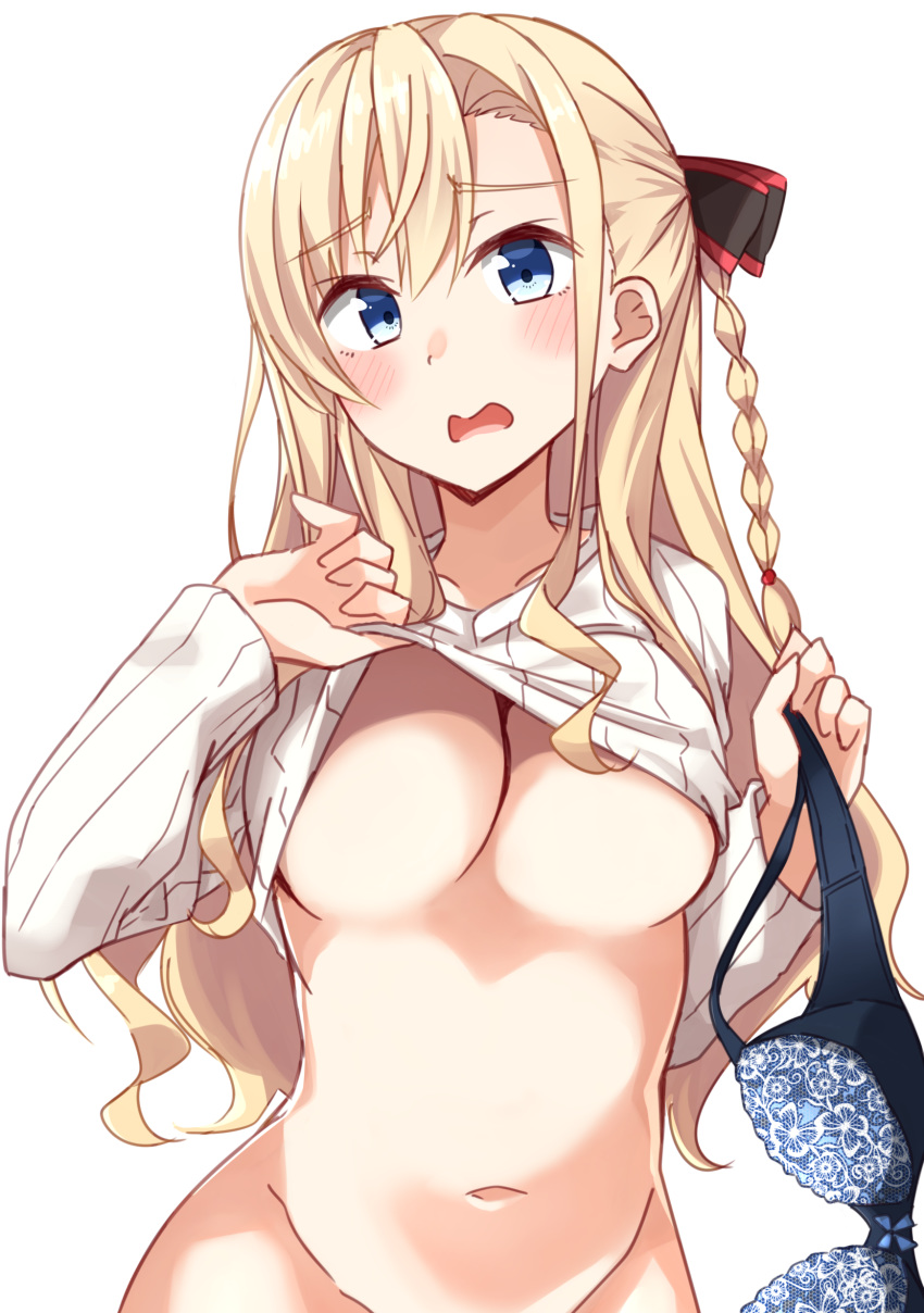 absurdres bangs black_bow blonde_hair blue_bra blue_eyes blush bottomless bow bow_bra bra bra_removed braid breasts cleavage collarbone commentary_request eyebrows_visible_through_hair groin hair_between_eyes hair_bow head_tilt high_school_fleet highres holding holding_bra kapatarou large_breasts lifted_by_self long_hair looking_at_viewer navel open_mouth out-of-frame_censoring ribbed_sweater side_braid simple_background solo sweater underboob underwear very_long_hair white_background white_sweater wilhelmina_braunschweig_ingenohl_friedeburg