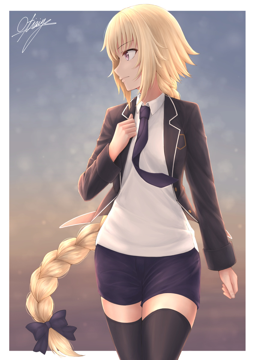 1girl absurdres black_bow black_jacket black_legwear blazer blonde_hair blue_eyes blue_neckwear blue_shorts bow braid braided_ponytail cowboy_shot eyebrows_visible_through_hair fate/apocrypha fate_(series) floating_hair hair_bow highres jacket jeanne_d'arc_(fate) jeanne_d'arc_(fate)_(all) long_hair long_sleeves looking_to_the_side low-tied_long_hair necktie ochiai_miyabi open_blazer open_clothes open_jacket shirt short_shorts shorts signature single_braid solo standing thighhighs very_long_hair white_shirt zettai_ryouiki