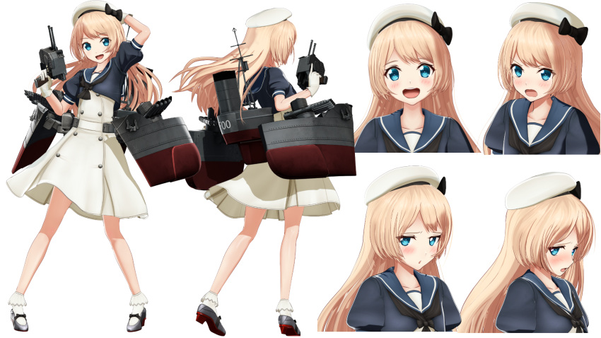 blonde_hair blue_eyes blue_sailor_collar blush character_sheet collarbone dress gloves hat highres jervis_(kantai_collection) kantai_collection long_hair looking_at_viewer mikumikudance multiple_views open_mouth ponpu-chou rigging sailor_collar sailor_dress sailor_hat short_sleeves smile smokestack socks torpedo torpedo_launcher torpedo_tubes turret white_dress white_footwear white_gloves white_hat