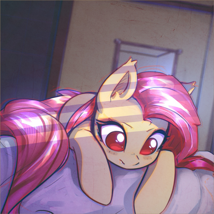 2017 absurd_res equine eyebrows fangs female feral flutterbat_(mlp) fluttershy_(mlp) friendship_is_magic hair hi_res hooves horse long_hair lying mammal mirror mirroredsea my_little_pony photo_background pony red_eyes solo