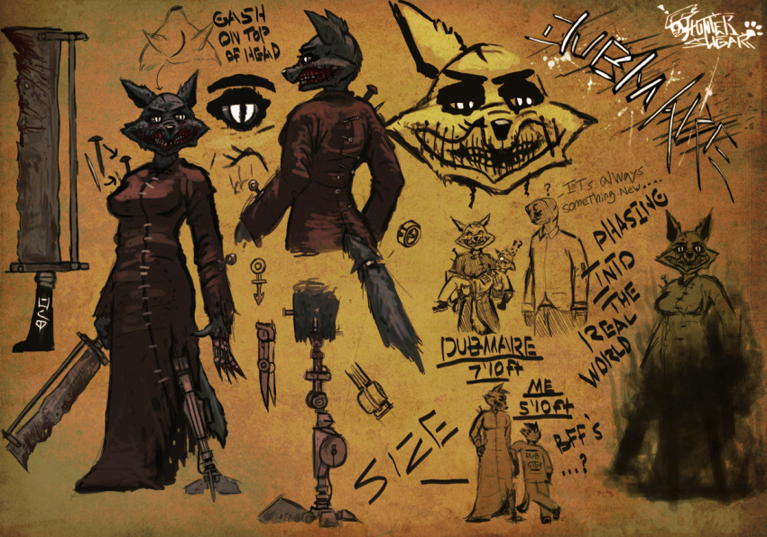 2011 alien anthro black_nose canine clothed clothing dress dubmare female fur ghost gore halo_(series) holding_object holding_weapon jeans mammal model_sheet pants prosthetic_leg sangheili simple_background size_difference sligar sligarthetiger spikes spirit stitches tail_ring tan_background teeth text video_games watermark weapon white_eyes