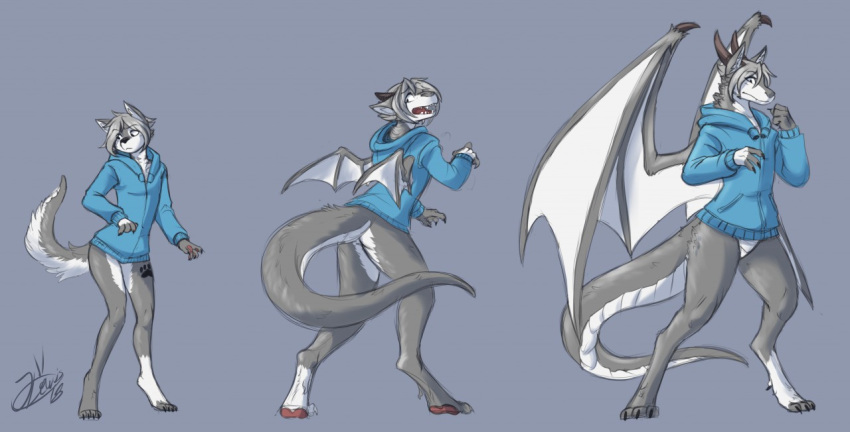 2018 anthro barefoot bottomless butt canine claws clothed clothing dragon featureless_crotch grey_background grey_hair hair hoodie horn hybrid male mammal open_mouth sequence short_hair simple_background solo standing surprise tail_growth thatweirdguyjosh transformation wings wolf