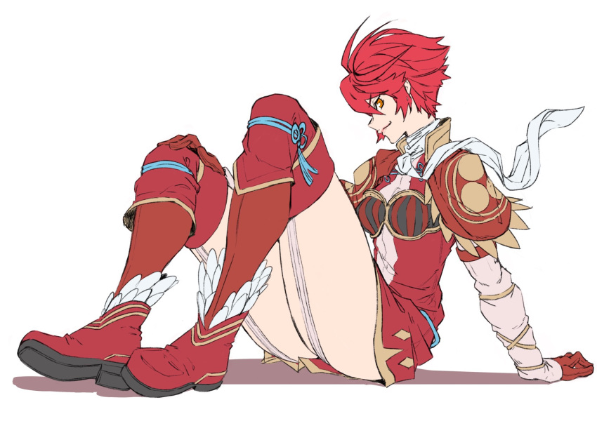 armor breasts brown_eyes chest_armor commentary fire_emblem fire_emblem_if garter_straps gloves hands_on_ground highres hinoka_(fire_emblem_if) kevvv kneehighs looking_to_the_side on_ground puffy_sleeves red_footwear red_hair scarf short_hair sitting smirk thighs white_scarf