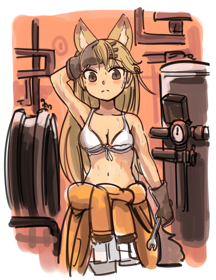 1girl absurdres animal_ear_fluff animal_ears blonde_hair blush_stickers boiler bra brown_eyes clothes_around_waist commentary extra_ears ezo_red_fox_(kemono_friends) fox_ears frown highres kemono_friends long_hair looking_at_viewer navel no_shirt omnisucker pipe shirt_around_waist sketch solo sweat underwear very_long_hair white_bra work_gloves wrench