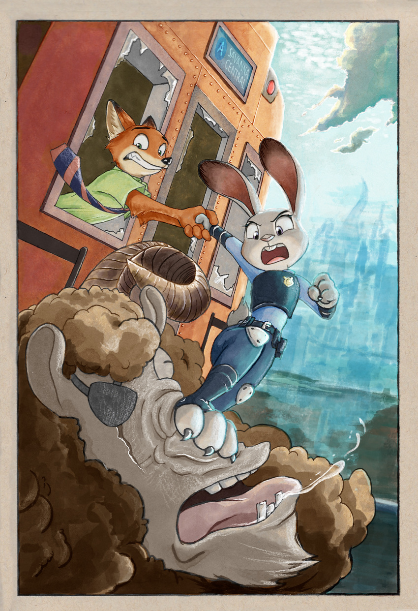 2018 angry anthro broken_window canine caprine clothing deannart disney eye_patch eyewear female flying_kick fox hand_holding hi_res jesse_(zootopia) judy_hopps kick lagomorph male mammal nick_wilde police_uniform rabbit saliva sheep subway train uniform vehicle zootopia