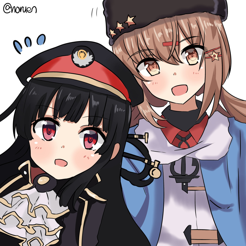 absurdres black_hair blue_shawl blush brown_hair commentary crossover dress eyebrows_visible_through_hair hachiroku_(maitetsu) hair_between_eyes hair_ornament hairclip hat highres jacket kantai_collection long_sleeves looking_at_viewer low_twintails maitetsu military_hat multiple_girls noruren open_mouth papakha peaked_cap red_eyes red_shirt scar scarf shawl shirt simple_background star tashkent_(kantai_collection) torn_clothes torn_scarf twintails white_background white_jacket white_scarf