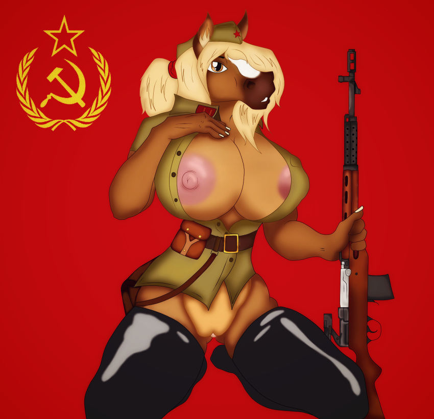 2018 anthro big_breasts blonde_hair breasts clothing communism digital_media_(artwork) equine female flag gun hair hand_on_chest hat hi_res horse kizi0n looking_at_viewer mammal military nipples politics ranged_weapon red_star rifle russian sitting sniper_rifle solo soviet_union svt uniform weapon