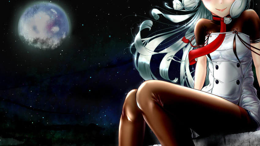 bangs black_legwear blush breasts dress floating_hair gloves hair_ribbon highres kantai_collection knees_together_feet_apart lipstick long_hair looking_at_viewer makeup moon murakumo_(kantai_collection) necktie night night_sky nipple_cutout okota_(pixiv) pantyhose red_neckwear remodel_(kantai_collection) ribbon short_dress short_sleeves sidelocks silver_hair sitting sky small_breasts smile solo sparkle star_(sky) starry_sky strapless strapless_dress tassel thighband_pantyhose tress_ribbon turtleneck wind wind_lift