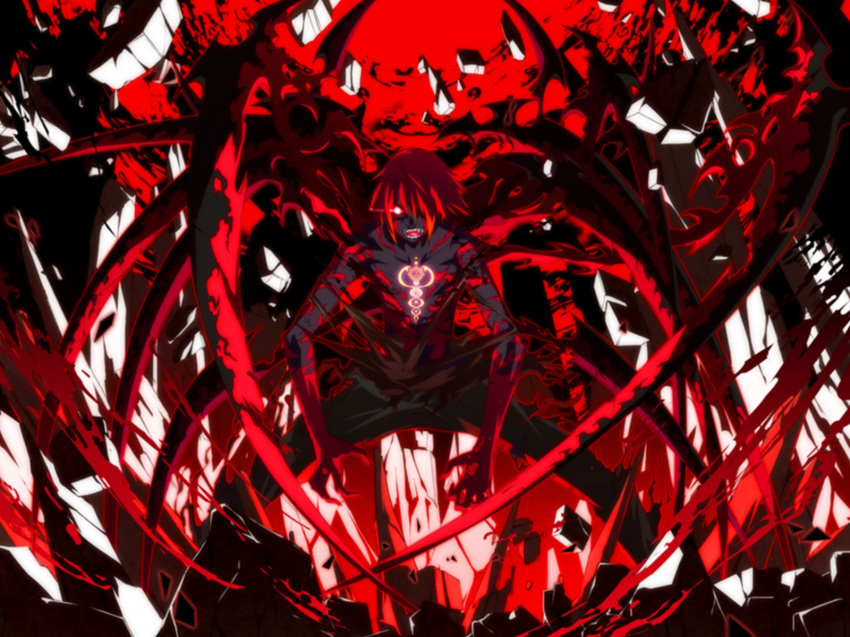 angry black_skin caduceus dark_persona dies_irae fujii_ren g_yuusuke game_cg glowing glowing_eyes hair_over_one_eye highres male_focus red red_eyes red_hair rubble scythe solo tattoo teeth topless torn_clothes