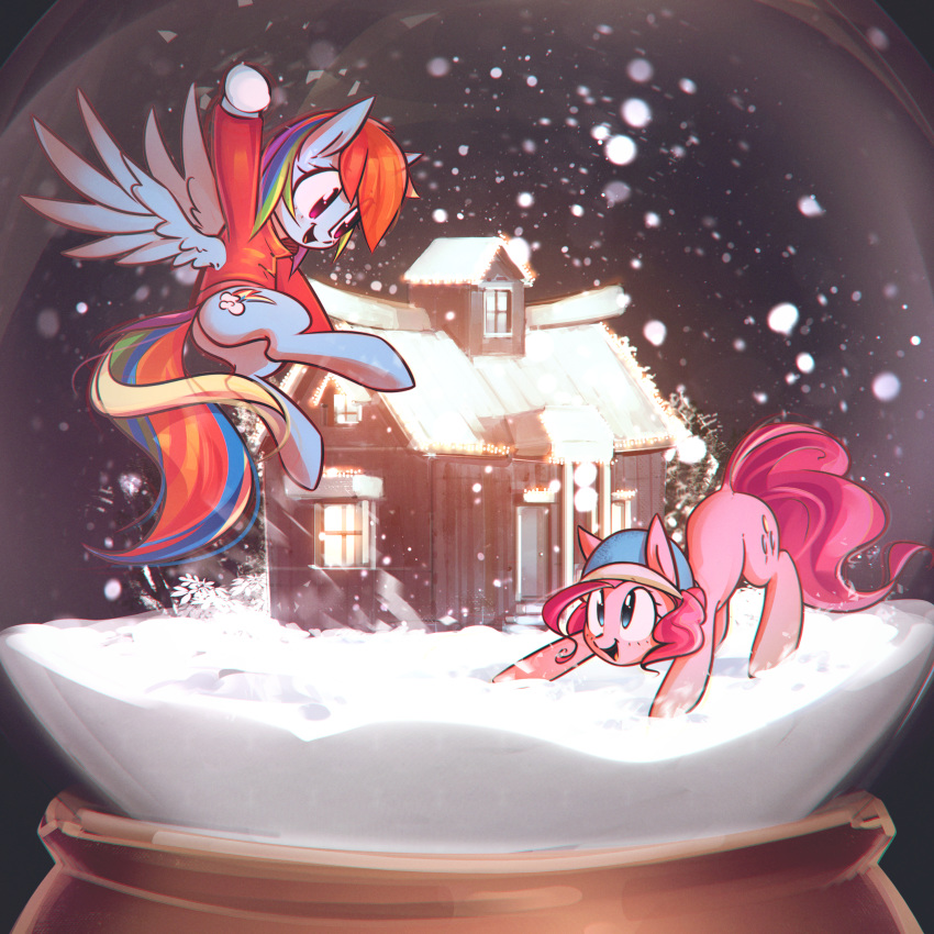 2017 beanie blue_eyes building clothing crouching cute cutie_mark duo earth_pony equine eyelashes feathered_wings feathers female feral flying friendship_is_magic hair hat horse house mammal mirroredsea mostly_nude multicolored_hair my_little_pony open_mouth pegasus pink_hair pinkie_pie_(mlp) pony purple_eyes rainbow_dash_(mlp) rainbow_hair smile snow snow_globe snowball snowball_fight snowing suspended_in_midair sweater tongue wings