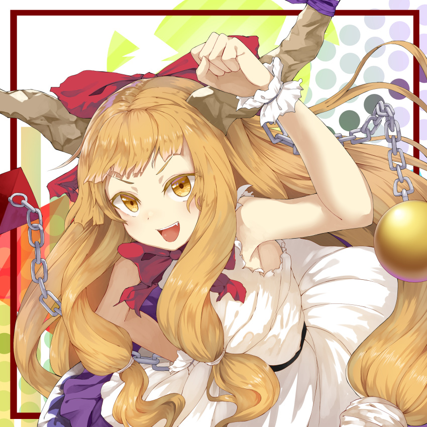 abstract_background absurdres arm_above_head armpits bare_arms border bow brown_border chain clenched_hand colored_eyelashes commentary_request cowboy_shot dress fang hair_bow hand_on_hip highres horn_ribbon horns ibuki_suika layered_dress leaning_forward long_hair looking_at_viewer low-tied_long_hair open_mouth orange_eyes orange_hair polka_dot polka_dot_background pyramid_(geometry) red_bow red_neckwear ribbon sidelocks sleeveless sleeveless_dress solo sphere touhou upper_teeth wrist_cuffs yamato_(muchuu_paradigm)
