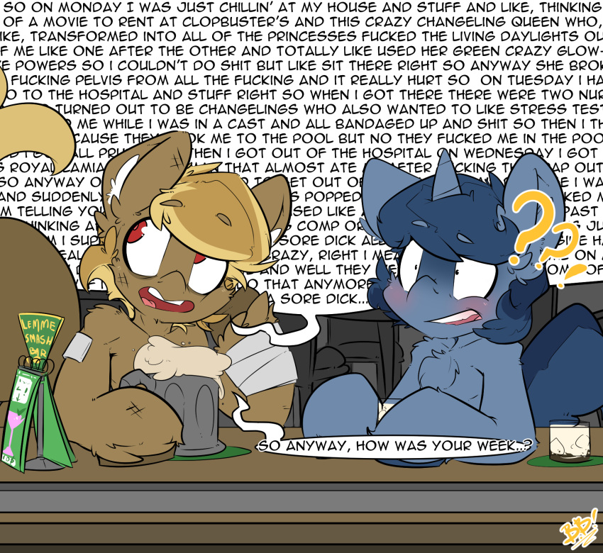 ! ... ? alcohol bandage bbsartboutique beer beverage bruised button_mash_(mlp) english_text equine friendship_is_magic fur hair horn male mammal my_little_pony open_mouth semi-anthro table text unicorn wall_of_text