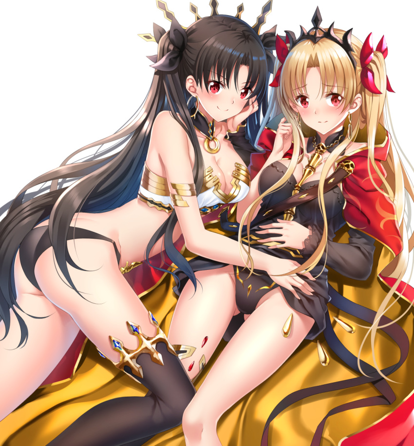 arm_support ass asymmetrical_legwear asymmetrical_sleeves bangs bare_shoulders between_breasts black_bow black_dress black_legwear black_panties blonde_hair blush bow breasts brown_hair cape cleavage closed_mouth collarbone commentary detached_sleeves dress earrings ereshkigal_(fate/grand_order) eyebrows_visible_through_hair fate/grand_order fate_(series) fingernails gold_trim groin hair_bow highres hood hood_down hooded_cape infinity ishtar_(fate/grand_order) jewelry large_breasts long_hair long_legs long_sleeves looking_at_viewer lying multicolored multicolored_cape multicolored_clothes multiple_girls on_back on_side panties parted_bangs red_bow red_cape red_eyes revealing_clothes simple_background single_detached_sleeve single_sleeve single_thighhigh skull smile spine swordsouls thighhighs tiara two_side_up underwear very_long_hair white_background yellow_cape