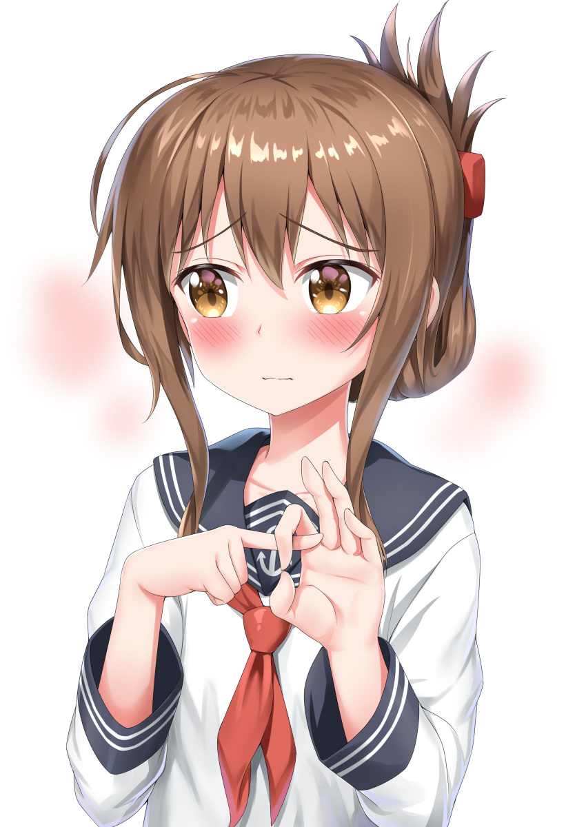absurdres anchor_symbol bangs black_sailor_collar blush brown_hair closed_mouth commentary eyebrows_visible_through_hair folded_ponytail gesture hair_between_eyes highres inazuma_(kantai_collection) kantai_collection long_hair looking_away looking_to_the_side neckerchief nedia_(nedia_region) penetration_gesture red_neckwear sailor_collar school_uniform serafuku solo upper_body white_background