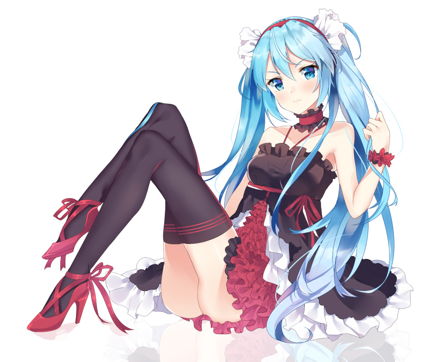 7th_dragon_(series) 7th_dragon_2020 7th_dragon_2020-ii absurdres ass black_legwear blue_eyes blue_hair bracelet choker collarbone dress full_body hair_between_eyes hairband hatsune_miku high_heels highres jewelry layered_dress long_hair looking_at_viewer pumps red_footwear red_hairband red_ribbon ribbon short_dress simple_background sitting sleeveless sleeveless_dress solo thighhighs timins twintails very_long_hair vocaloid white_background