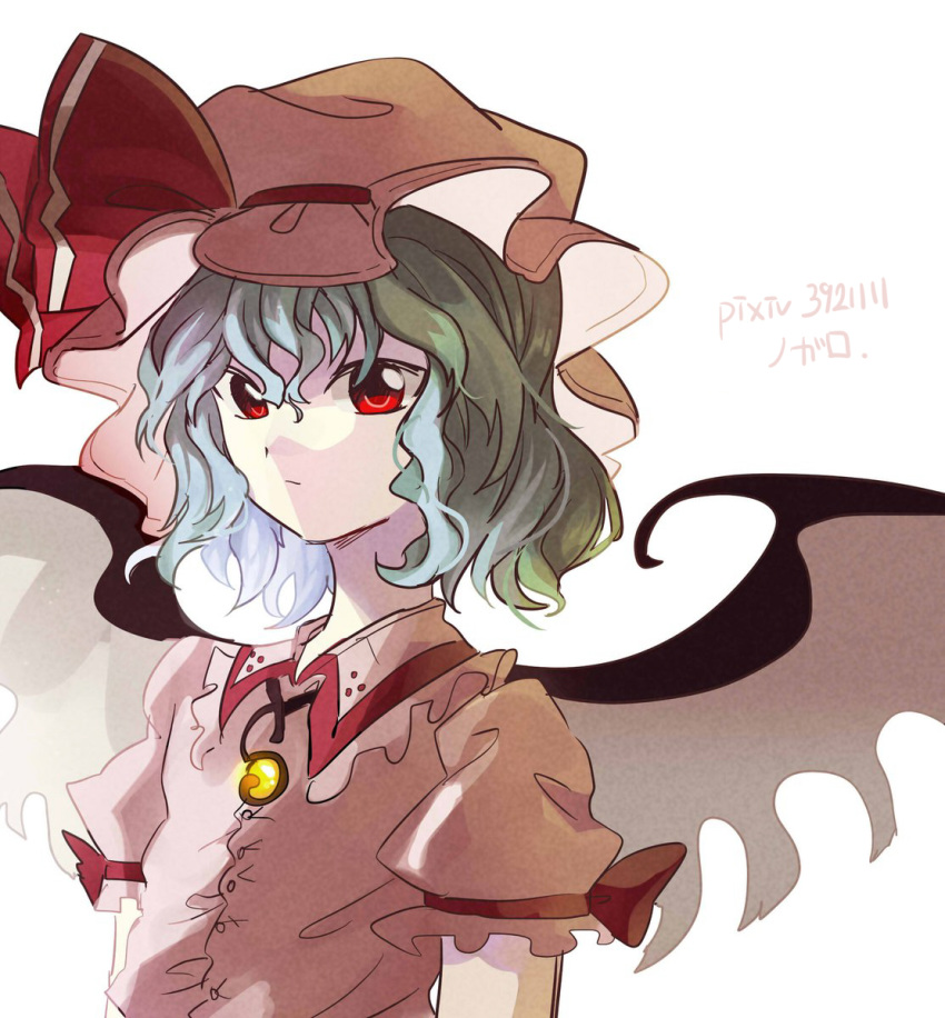 :/ artist_name asuku_(69-1-31) bangs blue_hair buttons closed_mouth collared_shirt demon_wings dress_shirt flat_chest hair_between_eyes hat hat_ribbon highres looking_at_viewer mob_cap pink_hat pink_shirt pixiv_id puffy_short_sleeves puffy_sleeves red_eyes red_ribbon remilia_scarlet ribbon shirt short_hair short_sleeves simple_background solo touhou upper_body white_background white_wings wings