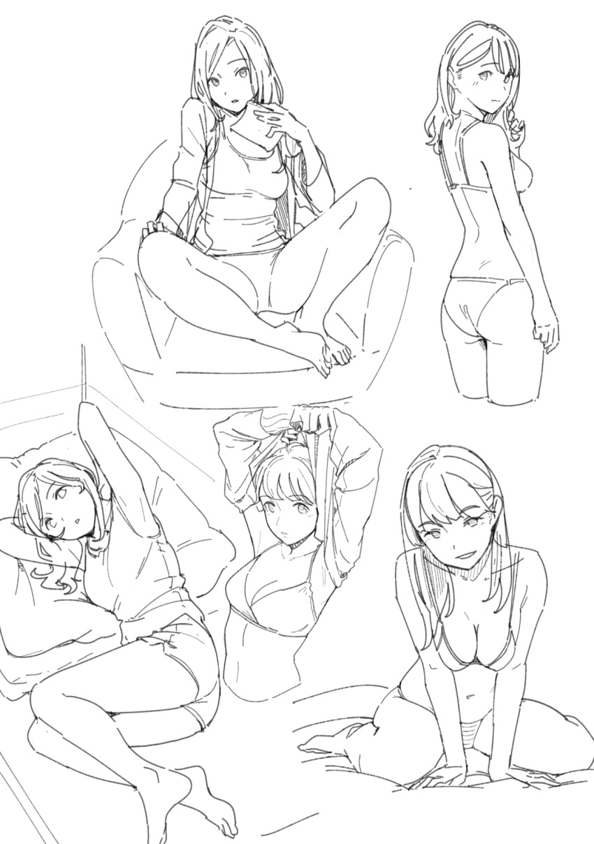 bikini bra breasts chair highres lineart lying medium_breasts monochrome navel norakura_(nr_kura) on_side original pillow shirt_lift short_shorts shorts sitting smile swimsuit tank_top underwear wariza