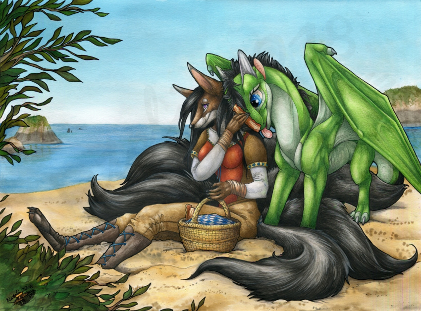 2018 anthro beach black_hair blue_eyes breasts canine day detailed_background digitigrade dragon duo female feral fox hair mammal membranous_wings natoli outside purple_eyes sand scalie seaside sitting sky standing traditional_media_(artwork) western_dragon wings