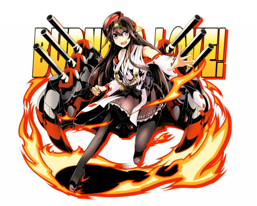 :d ahoge bare_shoulders black_legwear black_skirt blush brown_hair clenched_hand detached_sleeves double_bun eyebrows eyebrows_visible_through_hair fire frilled_skirt frills full_body hair_intakes hairband highres huge_ahoge kantai_collection kongou_(kantai_collection) leg_up legs_apart long_hair long_sleeves looking_at_viewer machinery nontraditional_miko open_mouth outstretched_arm pantyhose pleated_skirt purple_eyes ribbon-trimmed_sleeves ribbon_trim silhouette simple_background skirt smile solo straight_hair teeth text_focus tom_(drpow) turret v-shaped_eyebrows white_background wide_sleeves