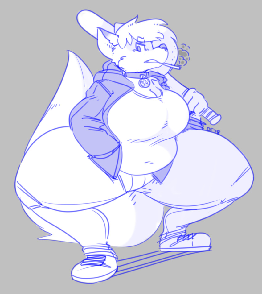 anthro baseball_bat canine cigarette clothed clothing collar crouching dogfluid female looking_at_viewer mammal overweight overweight_female restricted_palette solo thick_thighs