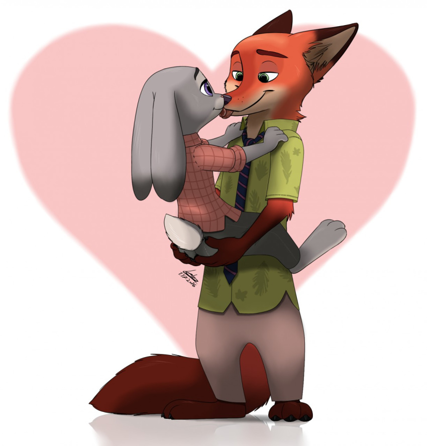 2016 anthro canine clothing disney female flannel_shirt fox fur green_eyes grey_fur judy_hopps khakis lagomorph larger_male letodoesart licking male mammal necktie nick_wilde orange_fur pants purple_eyes rabbit romantic_couple shirt size_difference smaller_female tan_fur tongue tongue_out zootopia