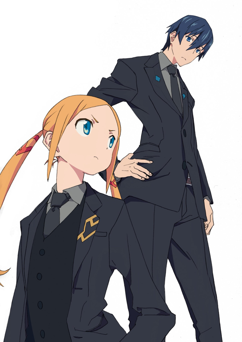 2boys arai_hiroki black_neckwear blue_eyes blue_hair borr formal hand_on_hip highres long_hair looking_afar looking_at_another male_focus multiple_boys necktie orange_hair simple_background ssss.gridman standing suit twintails vit waistcoat white_background