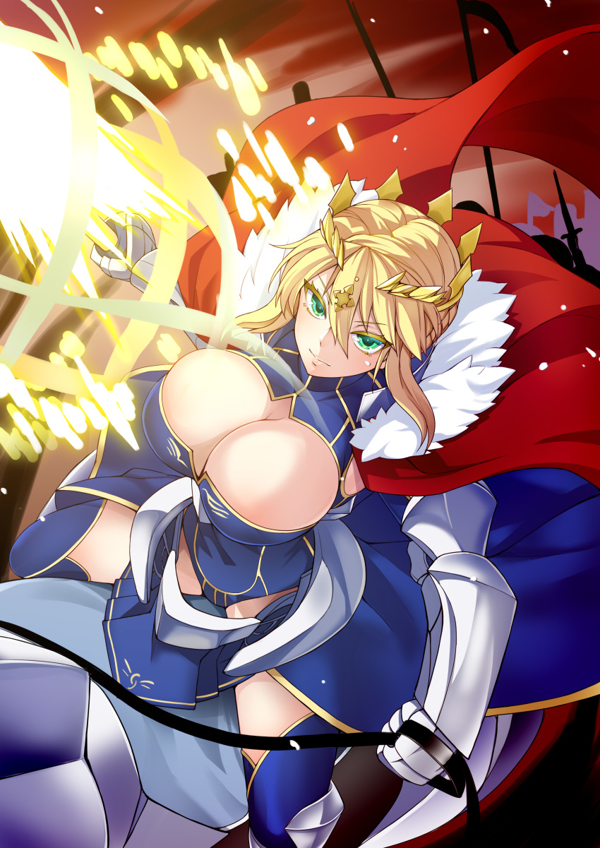 absurdres ahoge armor artoria_pendragon_(all) artoria_pendragon_(lancer) baicha bangs blonde_hair blush braid breasts cape cleavage closed_mouth commentary_request crown fate/grand_order fate_(series) french_braid fur-trimmed_cape fur_trim gauntlets green_eyes hair_between_eyes highres lance large_breasts looking_at_viewer polearm red_cape rhongomyniad sidelocks swept_bangs weapon