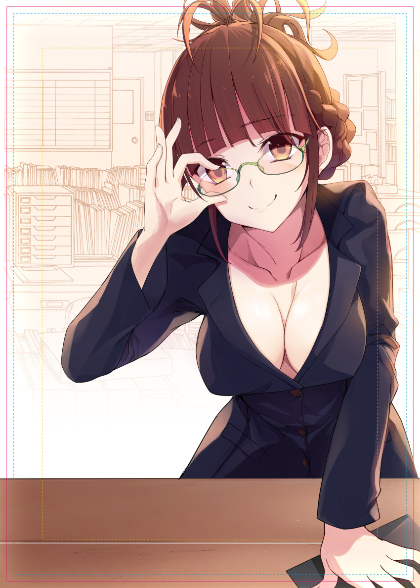 absurdres adjusting_eyewear akizuki_ritsuko antenna_hair arm_support bangs blunt_bangs breasts brown_eyes brown_hair cleavage collarbone eyebrows_visible_through_hair folded_ponytail glasses green-framed_eyewear head_tilt highres idolmaster idolmaster_(classic) large_breasts leaning_forward office sidelocks smile solo xingjinmeijian