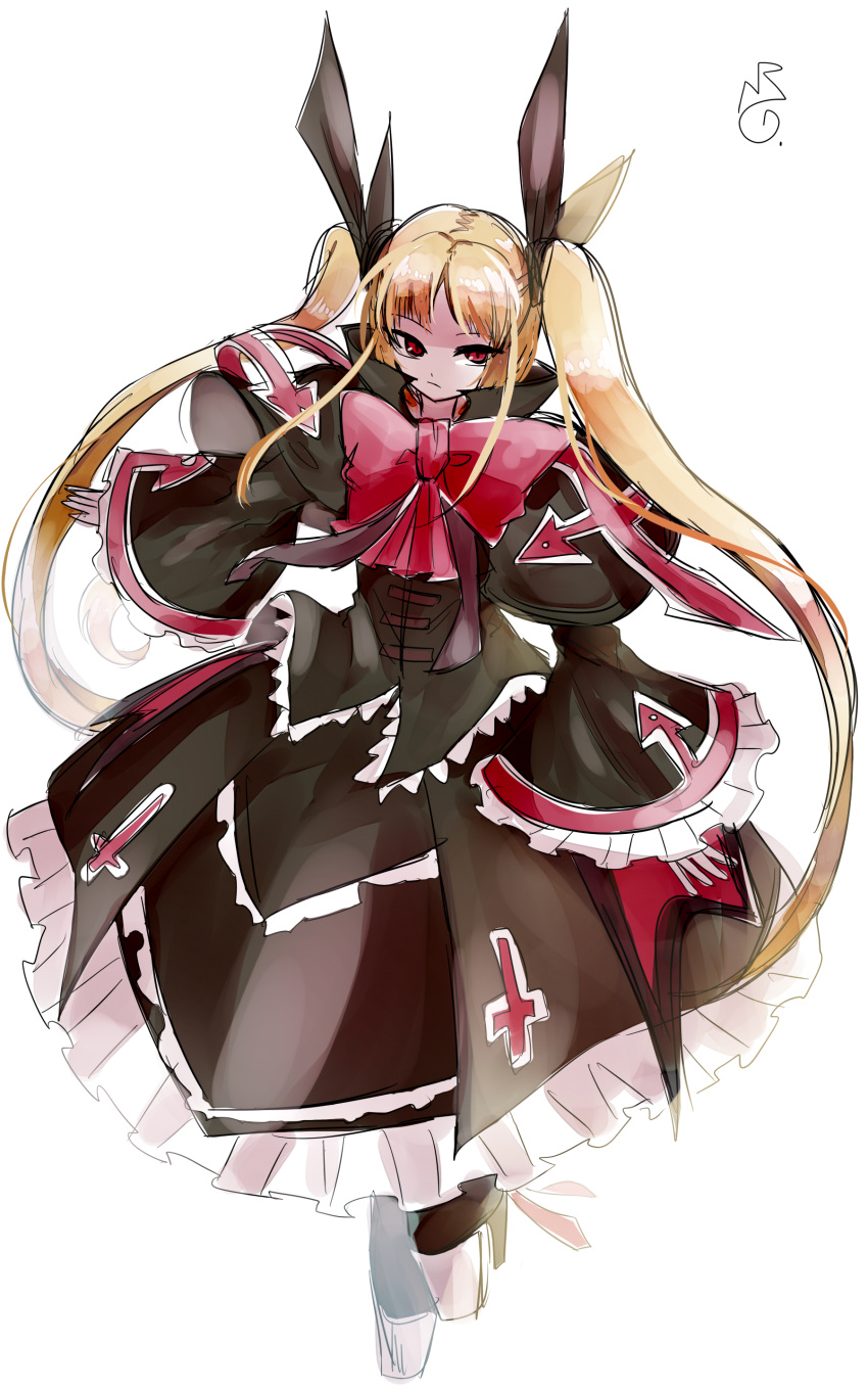 absurdres asuku_(69-1-31) bangs black_capelet black_shirt black_skirt blazblue blonde_hair bow bowtie capelet closed_mouth cross frilled_skirt frilled_sleeves frills frown full_body hair_ribbon highres long_hair long_sleeves parted_bangs popped_collar rachel_alucard red_eyes red_neckwear ribbon shirt simple_background skirt solo twintails very_long_hair white_background wide_sleeves