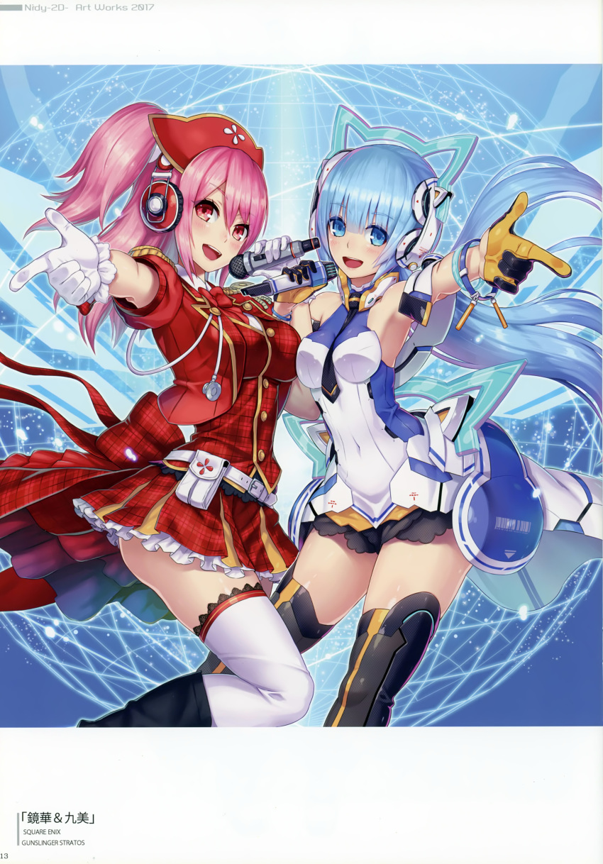 2girls absurdres armpits bangs belt_pouch between_breasts blue_eyes blue_hair blush boots bracelet breasts buttons covered_navel cropped_jacket epaulettes eyebrows_visible_through_hair frills gloves gunslinger_stratos headphones highres holding holding_microphone huge_filesize jacket jewelry knee_boots looking_at_viewer medium_breasts microphone multiple_girls necktie official_art open_clothes open_jacket open_mouth overskirt page_number pink_eyes pink_hair pouch shiny shiny_skin simple_background skirt sleeveless smile thighhighs white_gloves white_legwear zettai_ryouiki