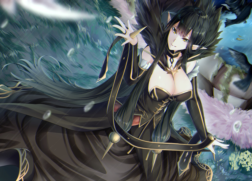 bird black_dress black_hair breasts bridal_gauntlets cleavage commentary_request detached_collar detached_sleeves dress fate/apocrypha fate/grand_order fate_(series) flowing_dress frills fur_trim grass highres jewelry large_breasts leaf long_dress long_hair long_skirt necklace outdoors outstretched_arm outstretched_hand pointy_ears rain reaching_out semiramis_(fate) skirt spikes very_long_hair water water_drop wind yellow_eyes yuu-kun_(linke_hand)