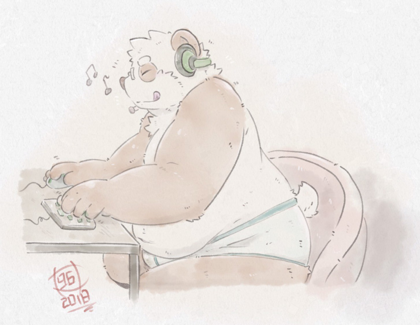 2018 96panda anthro belly clothing eyes_closed humanoid_hands male mammal navel overweight overweight_male panda sitting solo tongue tongue_out underwear ursine