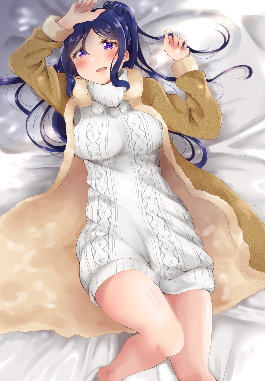 alternate_costume aran_sweater bed_sheet blush breasts dress from_above highres kawa_nen large_breasts long_hair long_sleeves looking_at_viewer love_live! love_live!_sunshine!! lying matsuura_kanan on_back on_bed open_mouth ponytail purple_eyes solo sweater sweater_dress