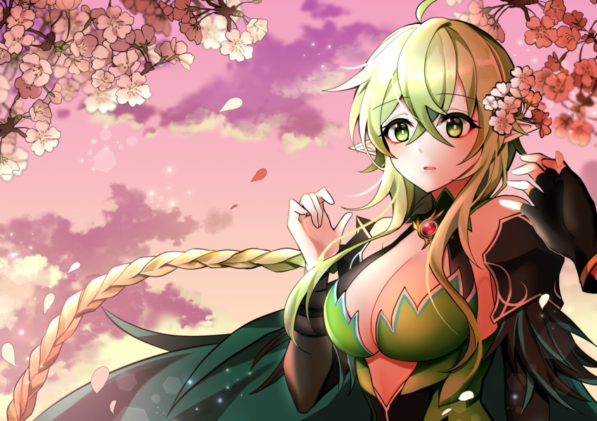 bare_shoulders braid breasts cape cherry_blossoms cleavage commentary elf elsword fingerless_gloves gloves green_eyes green_hair hamericano large_breasts long_hair pointy_ears rena_(elsword) twilight_(elsword)