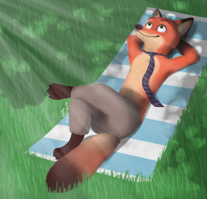 anthro canine clothed clothing disney fox fur green_eyes khakis letodoesart male mammal necktie nick_wilde orange_fur solo tan_fur topless zootopia