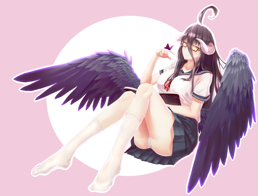 absurdres ahoge albedo alternate_costume bangs black_hair black_wings book breasts bug butterfly butterfly_on_hand commentary_request demon_girl demon_horns demon_wings deoxysilicic_acid feathered_wings feathers glasses hair_between_eyes highres horns insect large_breasts long_hair low_wings neckerchief open_book overlord_(maruyama) panties pleated_skirt reading red_ribbon ribbon sailor_collar school_uniform serafuku shirt short_sleeves sitting skirt slit_pupils underwear white_legwear white_panties white_shirt wings yellow_eyes