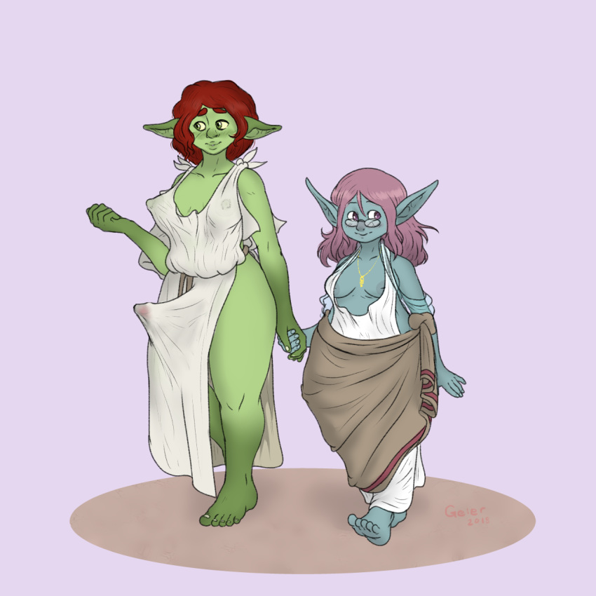 2018 barefoot blush breasts clothed clothing digital_drawing_(artwork) digital_media_(artwork) dress duo erection eyewear female geier glasses goblin green_skin hair hand_holding humanoid intersex nipples not_furry penis pink_hair red_hair short_stack shortstack smile standing thick_thighs toes wide_hips