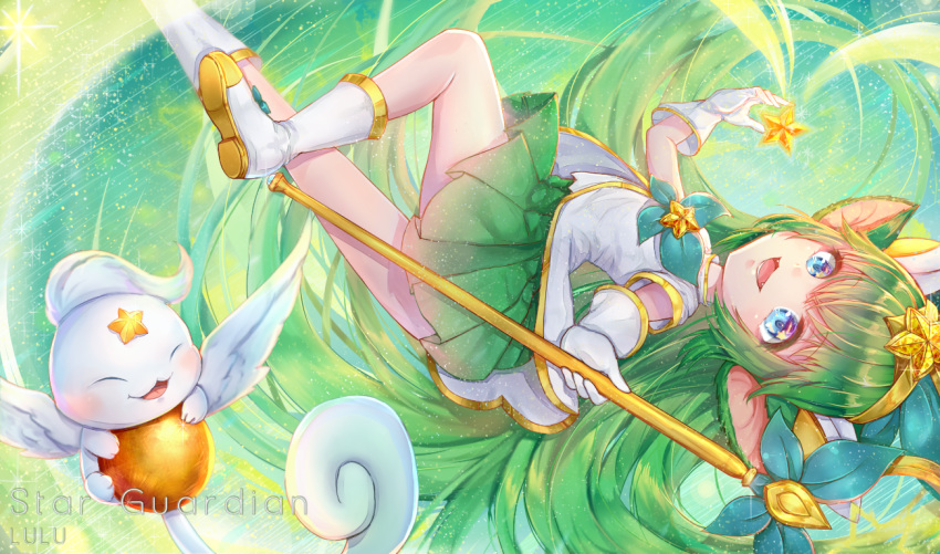 1girl alternate_costume alternate_hair_color alternate_hairstyle blue_eyes fluffy_ears gloves green_hair league_of_legends lulu_(league_of_legends) magical_girl pix_(league_of_legends) pointy_ears staff star_guardian_lulu yordle