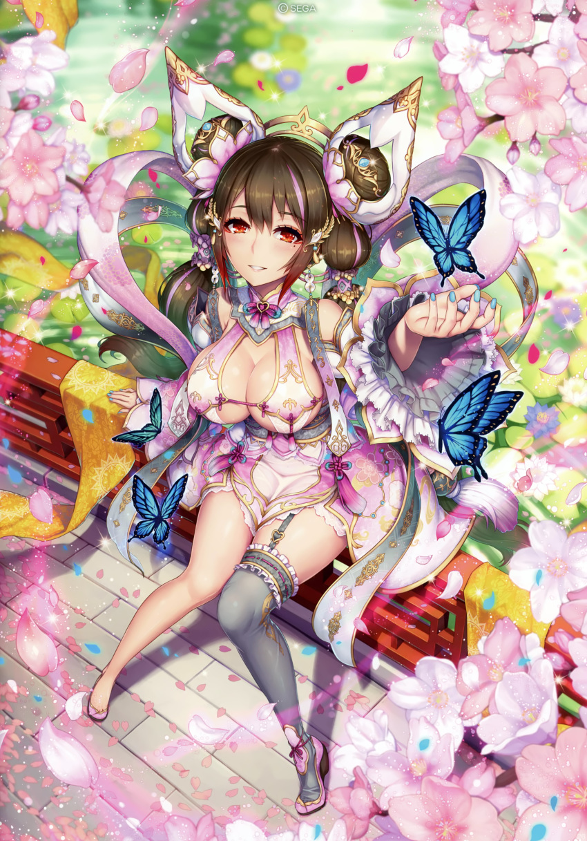 2d absurdres bangs bare_shoulders blurry blurry_background blush breasts brown_eyes brown_hair bug butterfly chinese_clothes chousen_(sangokushi_taisen) cleavage copyright_name day detached_sleeves dress eyebrows_visible_through_hair fingernails floral_print flower full_body garter_straps hair_ornament highres huge_filesize insect large_breasts long_hair looking_at_viewer mole mole_under_eye multicolored_hair nail_polish outdoors parted_lips petals pink_hair sangokushi_taisen scan shiny shiny_skin short_dress single_thighhigh sitting sleeveless smile sparkle thighhighs tied_hair twintails