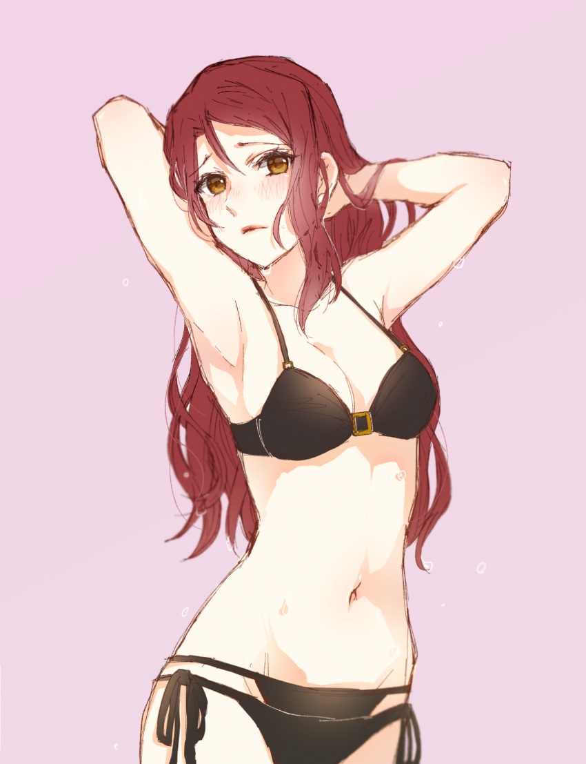 1girl armpits arms_up bikini black_bikini breasts brown_eyes chiyomaru_(yumichiyo0606) cleavage collarbone grey_background groin hair_between_eyes highres long_hair looking_at_viewer love_live! love_live!_sunshine!! medium_breasts navel red_hair sakurauchi_riko side-tie_bikini sideboob simple_background sketch solo standing swimsuit very_long_hair