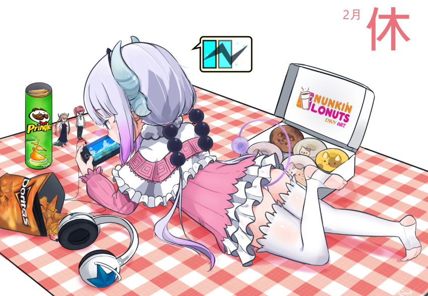 ass barefoot beads blue_eyes capelet character_doll chips doritos doughnut dragon_girl dragon_horns dragon_tail dress dunkin'_donuts envysoi food from_behind gradient_hair hair_beads hair_ornament handheld_game_console headphones headphones_removed highres horns kanna_kamui kobayashi-san_chi_no_maidragon kobayashi_(maidragon) long_hair long_sleeves lying multicolored_hair on_stomach panties pantyshot pantyshot_(lying) pastry_box playstation_portable pringles purple_hair short_dress silver_hair solo tail thighhighs toeless_legwear tooru_(maidragon) twintails underwear white_legwear white_panties